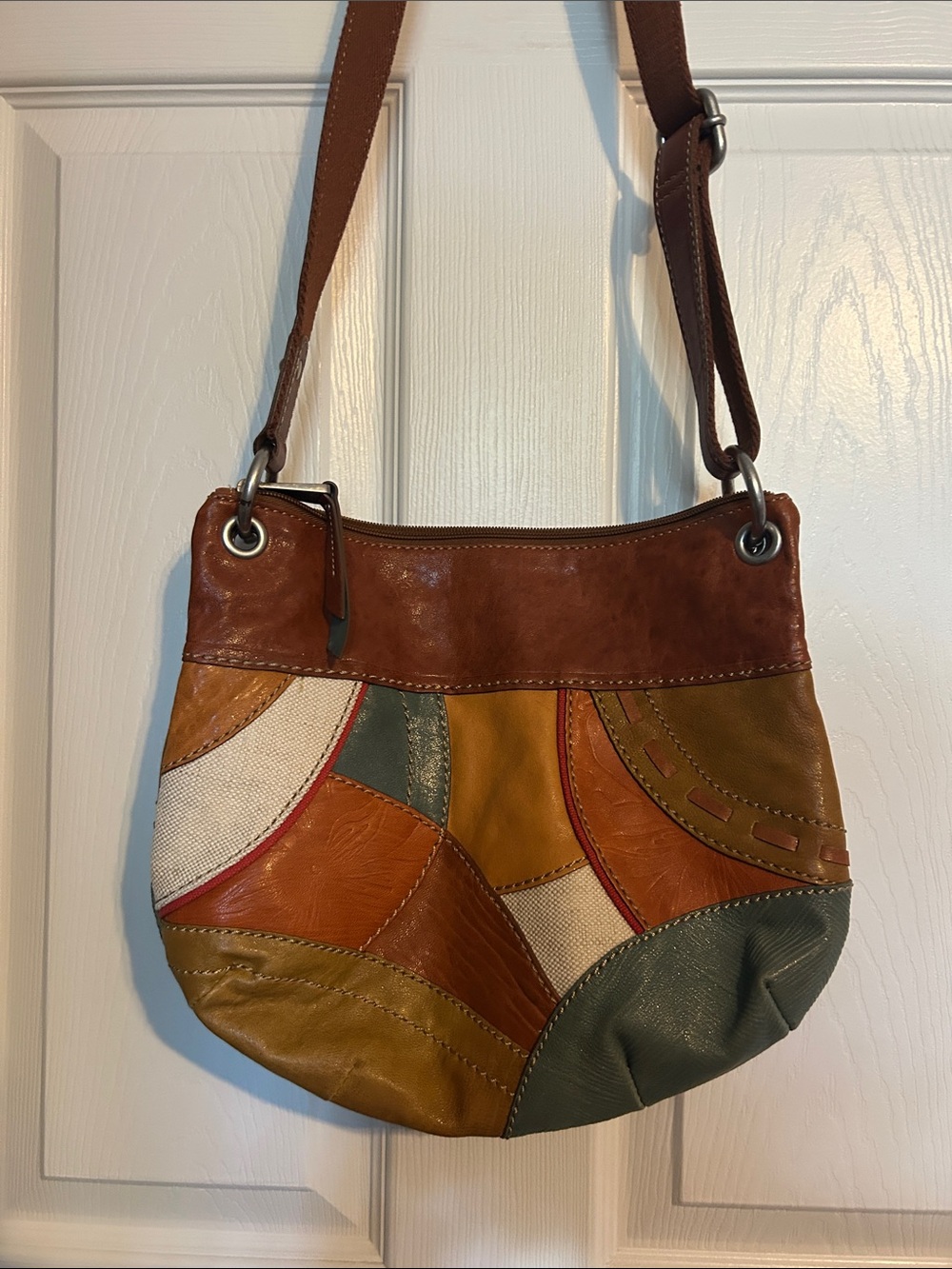 Fossil Patchwork Shoulder Bag in Brown, Tan, Olive & Cream